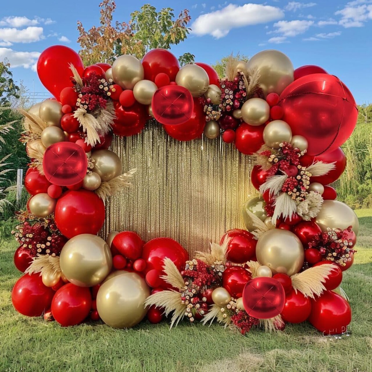 Red and Gold Balloon Garland Double Stuffed Ruby Red Gold Balloons Arch Kit With Mylar Balloon